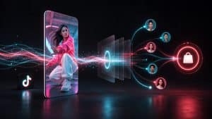Rappresentazione editoriale di una creatività TikTok distribuita attraverso un sistema pubblicitario verso pubblico e conversioni