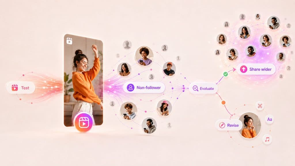 Instagram Reels: cosa sono, come funzionano e come creare Reel efficaci 2 Diagramma del flusso Trial Instagram Reels dal test con non-follower alla valutazione e successiva condivisione