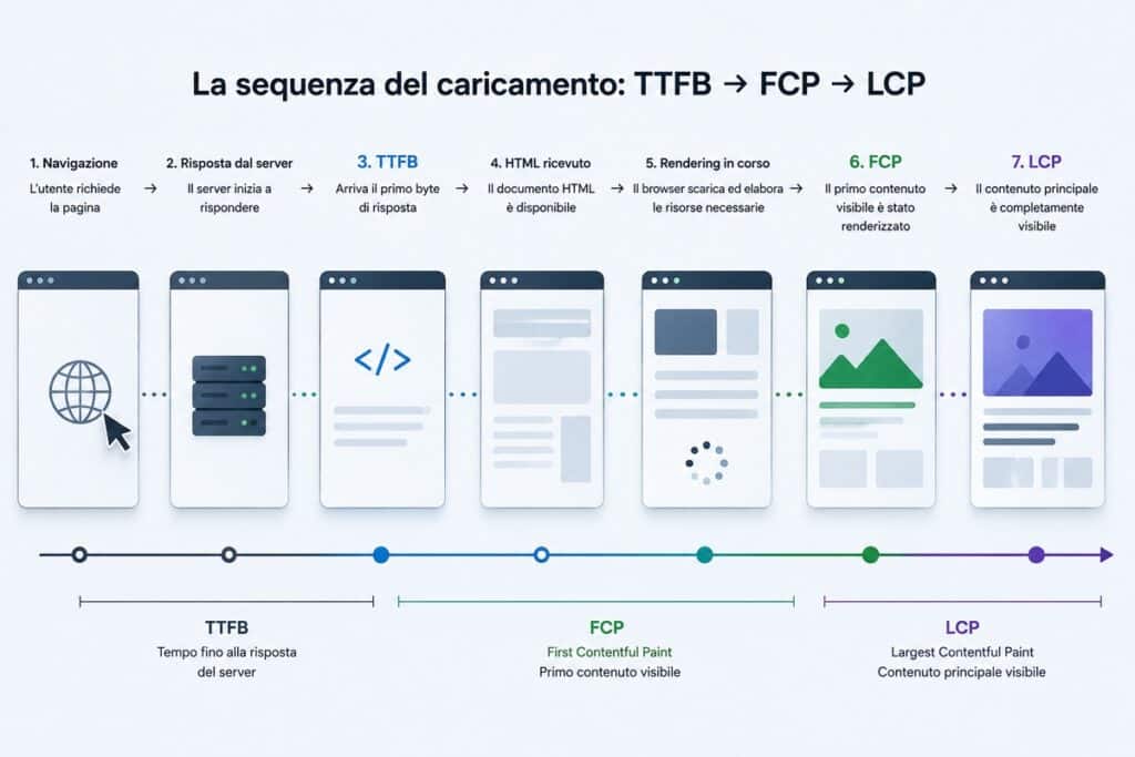 First Contentful Paint (FCP): cos’è, come misurarlo e migliorarlo 1 Sequenza di caricamento web da TTFB a First Contentful Paint e Largest Contentful Paint