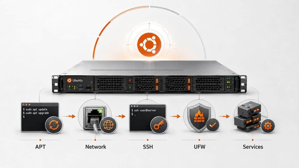 Ubuntu Server: cos’è, come installarlo e configurarlo correttamente 1 Configurazione iniziale di Ubuntu Server con aggiornamenti, rete, SSH e firewall
