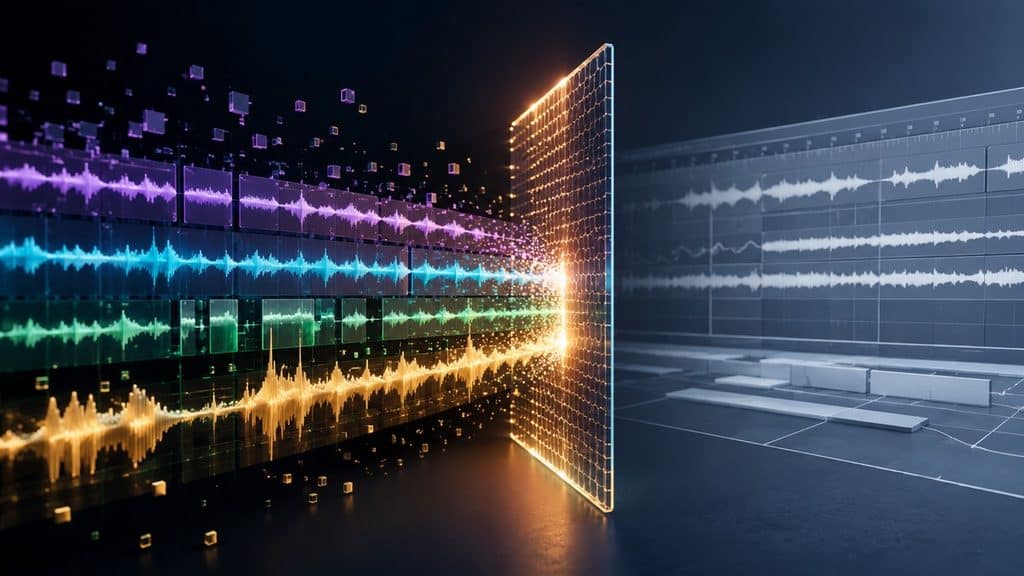 Udio AI: cos’è, come funziona, prezzi, limiti e confronto con Suno 1 Flusso musicale generato con AI che si interrompe prima dell'esportazione verso un workflow esterno