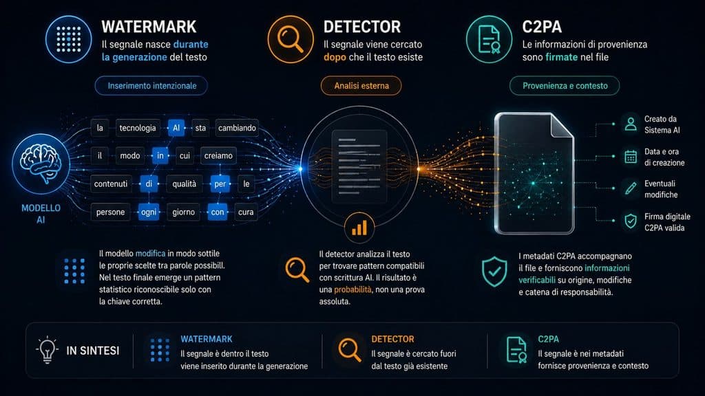 Watermark AI: come funziona nei testi e cosa cambia con Claude, Gemini e ChatGPT 1 Diagramma che distingue watermark statistico, AI detector e metadati C2PA