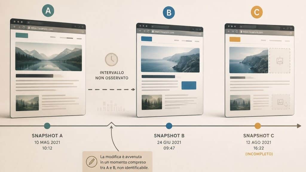 Wayback Machine: cos'è, come funziona e come usarla davvero 1 Schema di snapshot Wayback Machine separati da intervalli in cui le modifiche non sono osservabili