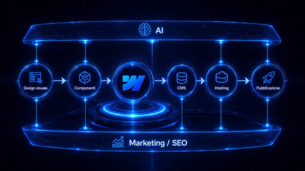 Webflow: cos’è, come funziona, prezzi, SEO e quando conviene davvero 1 Ecosistema Webflow con design visuale, componenti, CMS, hosting e pubblicazione collegati nello stesso workflow