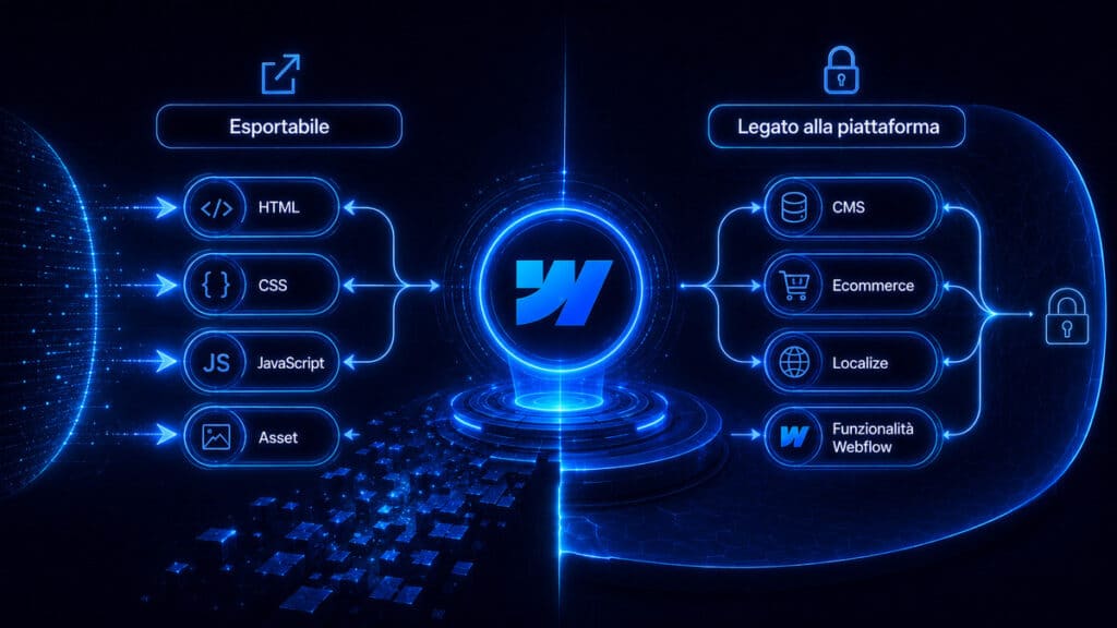 Webflow: cos’è, come funziona, prezzi, SEO e quando conviene davvero 2 Diagramma della portabilità Webflow con HTML, CSS, JavaScript e asset esportabili mentre CMS ed Ecommerce restano legati alla piattaforma