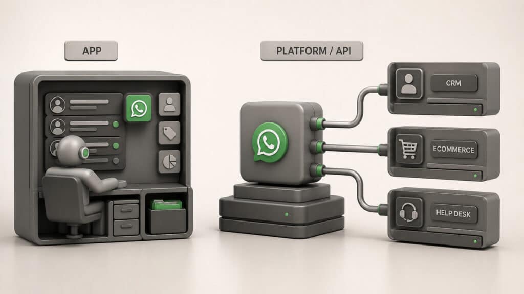 WhatsApp Business: cos’è, come funziona e come usarlo per la tua attività 1 Confronto visuale tra WhatsApp Business app per la gestione diretta e Business Platform collegata a CRM, ecommerce e help desk