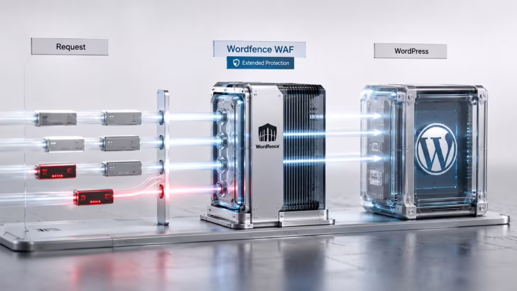 Wordfence: cos'è, come configurarlo e quando usarlo su WordPress 1 Schema del flusso richiesta, firewall Wordfence e runtime WordPress con Extended Protection