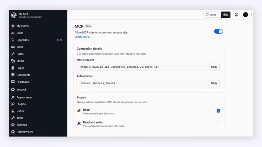 WordPress MCP: come gli AI Agent possono gestire il tuo sito 3 Mockup illustrativo di una schermata WordPress.com dedicata alla configurazione MCP