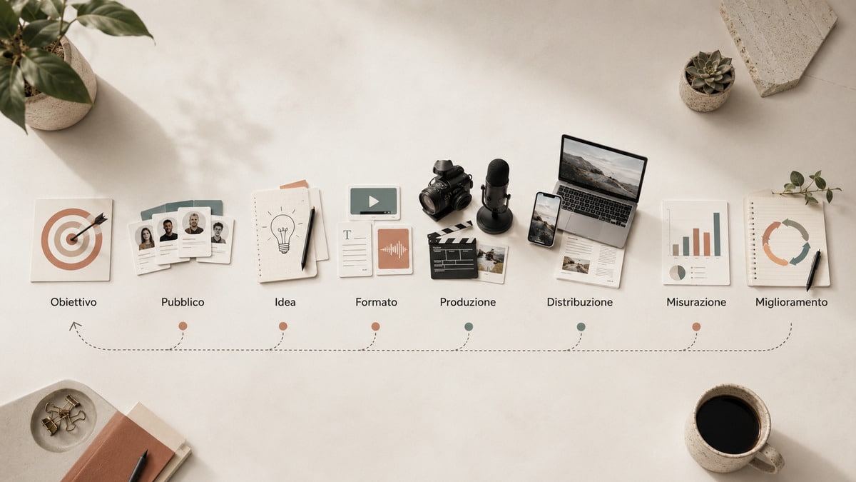 Content creator: chi è, cosa fa, come diventarlo e quanto guadagna 1 Workflow del content creator da obiettivo e pubblico fino a produzione, distribuzione, misurazione e miglioramento