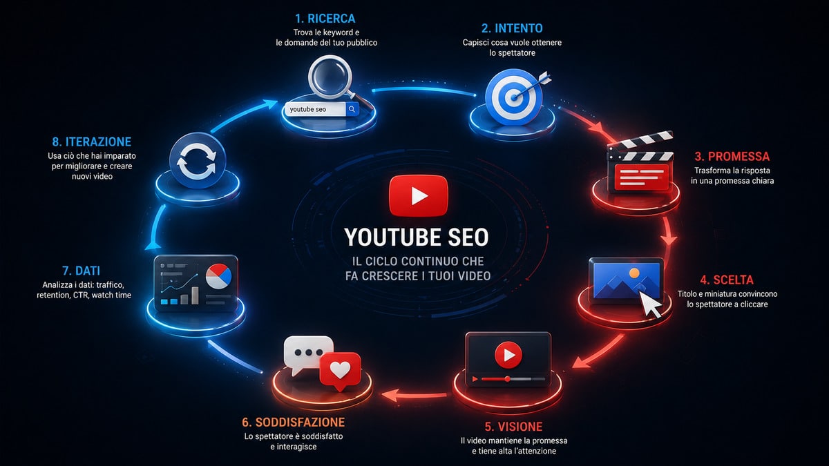 YouTube SEO: come ottimizzare i video per ricerca, visibilità e Google 2 Workflow della YouTube SEO dalla ricerca all'analisi dei risultati