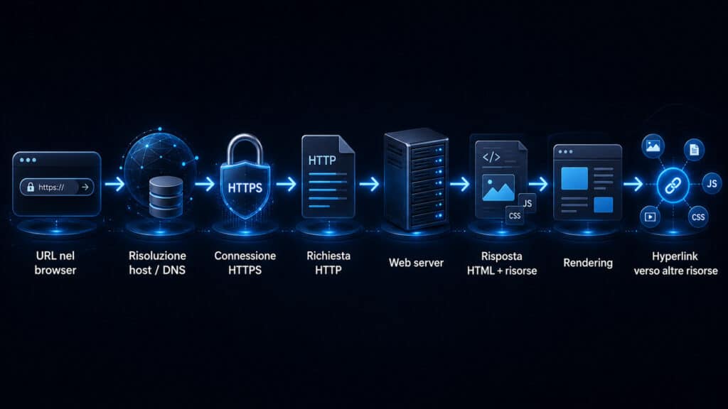 World Wide Web: cos'è, come funziona e cosa significa WWW 1 Flusso da URL e DNS alla richiesta HTTPS, risposta del server, rendering e hyperlink per il world wide web