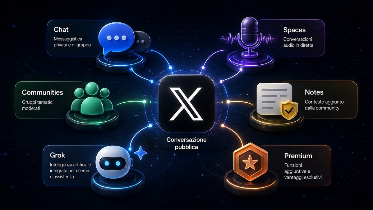 X (Twitter): cos’è, come funziona, a cosa serve e come usarlo 2 Funzioni di X oltre i post con Chat, Spaces, Communities, Community Notes, Grok e Premium
