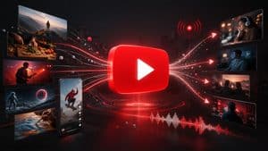 Rappresentazione di YouTube con simbolo play e contenuti video distribuiti attraverso diversi percorsi