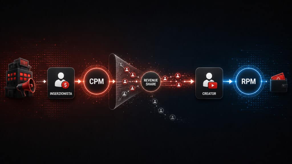 Come guadagnare con YouTube: monetizzazione, requisiti e quanto si può guadagnare 2 Diagramma che mostra la differenza tra CPM pubblicitario e RPM effettivo del creator su YouTube