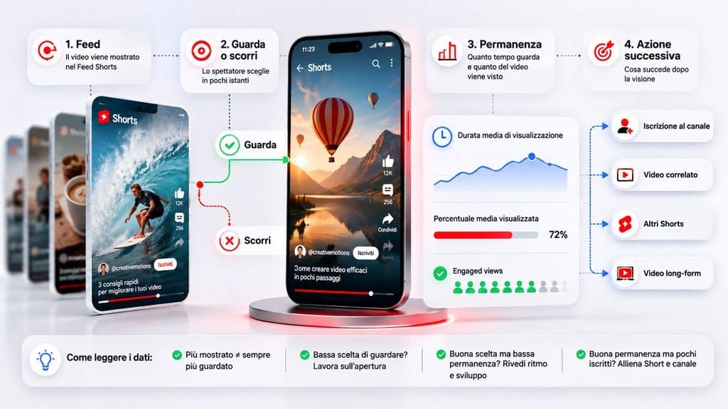 YouTube Shorts: cosa sono, come funzionano e come creare video efficaci 2 Schema diagnostico delle performance di uno YouTube Short dal Feed alla scelta di guardare, permanenza e azione successiva