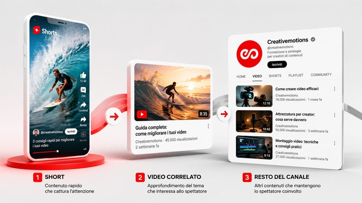 YouTube Shorts: cosa sono, come funzionano e come creare video efficaci 1 Percorso visivo da uno YouTube Short a un video correlato e agli altri contenuti del canale
