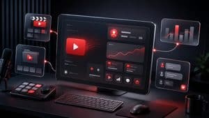 Postazione digitale che rappresenta la gestione di contenuti e Analytics con YouTube Studio