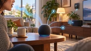 Amazon Echo con interazione vocale Alexa che controlla dispositivi della casa connessa