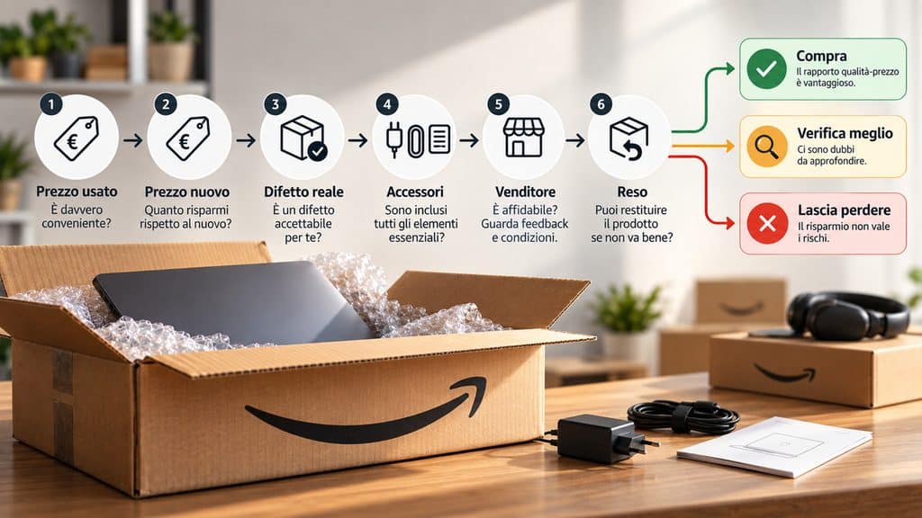 Amazon Seconda Mano: come funziona, cosa controllare e quando conviene 1 Schema per valutare un acquisto Amazon Seconda Mano confrontando prezzo usato e nuovo, difetti, accessori, venditore e reso