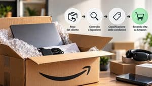 Pacco Amazon aperto con laptop restituito e schema reso, controllo, classificazione e seconda vita su Amazon