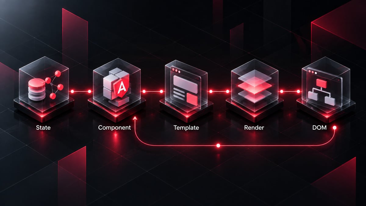 Angular: cos’è, come funziona, a cosa serve e quando usarlo 1 Diagramma del flusso State, Component, Template, Render e DOM con percorso di ritorno delle interazioni