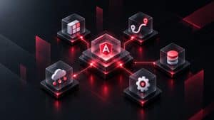 Architettura modulare di Angular con componenti, routing, servizi, stato e tooling collegati a un hub centrale