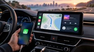 iPhone collegato al display dell’auto con interfaccia CarPlay