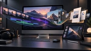 Home 7 Postazione creativa con Mac e iPad che integra video, audio, immagini e documenti