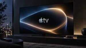 Apple TV rappresentata come servizio streaming su un televisore in un ambiente home entertainment