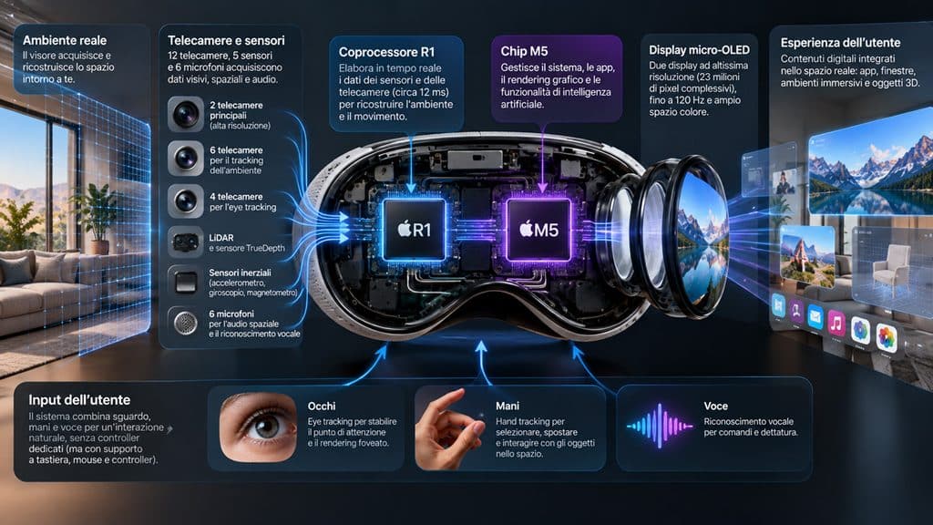 Apple Vision Pro: come funziona, quanto costa e cosa offre oggi 1 Diagramma del funzionamento di Apple Vision Pro dall'ambiente reale a sensori, R1, M5 e display micro-OLED, con input tramite occhi, mani e voce