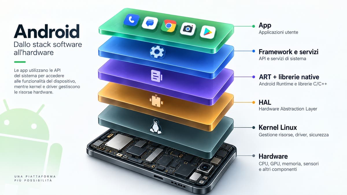 Android: cos’è, come funziona e a cosa serve il sistema operativo mobile 1 Diagramma dello stack Android con app, framework, ART, HAL, kernel Linux e hardware