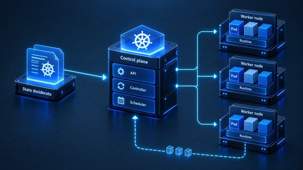 Kubernetes: cos'è, come funziona, architettura, cluster e differenze con Docker 1 Schema dell'architettura Kubernetes con stato desiderato, control plane, scheduler, controller e worker node con Pod