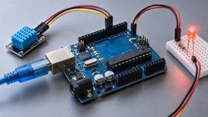 Home 8 Scheda a microcontrollore collegata a sensore e attuatore per rappresentare il funzionamento di Arduino