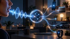 Assistente vocale che trasforma una richiesta pronunciata in azioni su dispositivi digitali