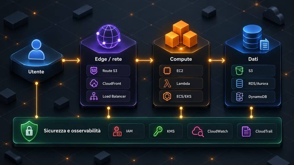 AWS (Amazon Web Services): cos’è, come funziona, servizi, costi e alternative 1 Diagramma di un workload AWS con rete, compute, dati e servizi trasversali di sicurezza e osservabilità