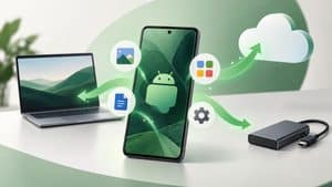 Smartphone Android collegato a cloud, computer e memoria esterna per il backup dei dati
