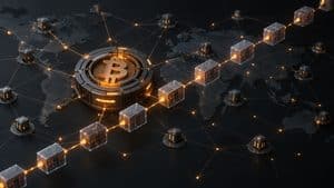 Home 9 Rappresentazione della rete Bitcoin con nodi distribuiti, blocchi collegati e simbolo BTC