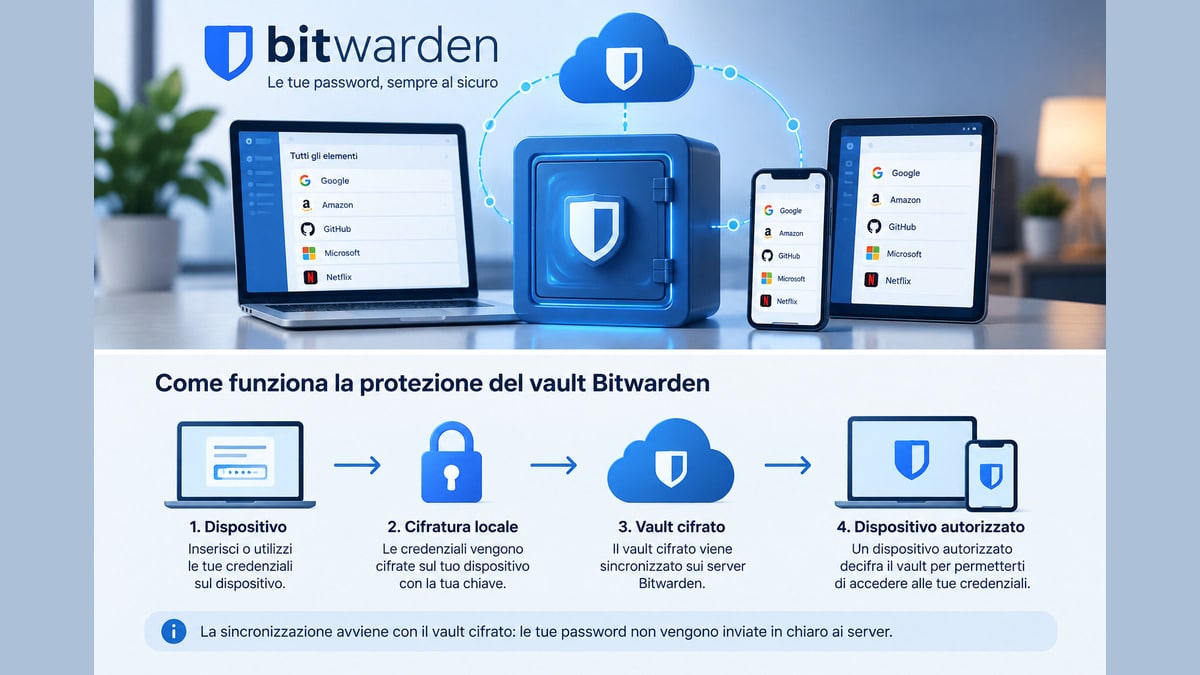 Bitwarden: come funziona il password manager, prezzi e sicurezza 1 Schema della cifratura locale e sincronizzazione del vault Bitwarden tra dispositivi autorizzati