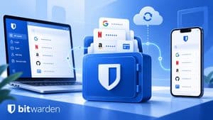 Bitwarden password manager con vault cifrato sincronizzato tra più dispositivi