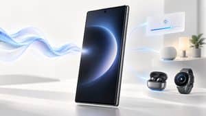 Smartphone Galaxy con un flusso vocale che si trasforma in controlli del dispositivo e della casa connessa