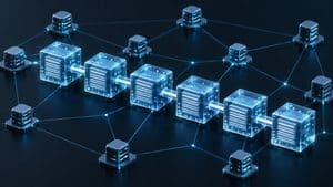Rete di nodi collegata a una sequenza di blocchi che rappresenta il funzionamento di una blockchain