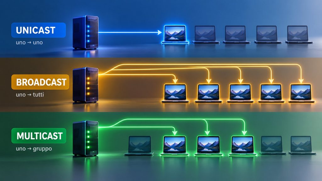 Broadcasting: cos’è, cosa significa e come funziona 1 Schema che confronta unicast uno a uno, broadcast uno a tutti e multicast uno a un gruppo selezionato