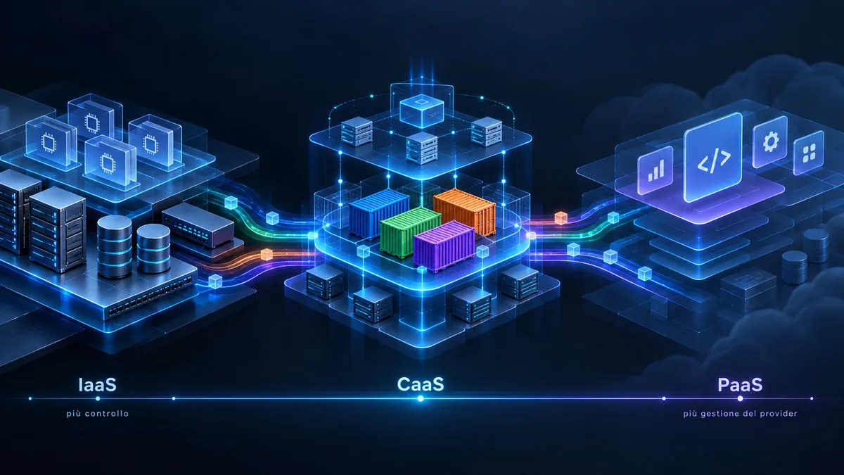 CaaS (Containers as a Service): cos’è, come funziona, vantaggi ed esempi 1 Schema del continuum tra IaaS, CaaS e PaaS con progressivo trasferimento della gestione al cloud provider