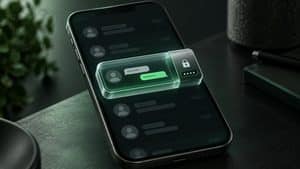 Smartphone con una conversazione protetta da un lucchetto digitale e da un codice segreto.