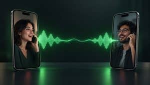 Due smartphone collegati da un segnale audio che rappresenta una chiamata WhatsApp