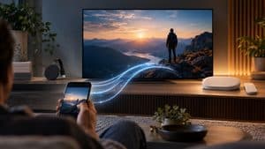 Smartphone che trasmette contenuti a una TV, con un vecchio Chromecast e Google TV Streamer ai lati.