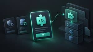 Rappresentazione editoriale di moduli software, plugin e script selezionati da un marketplace di codice