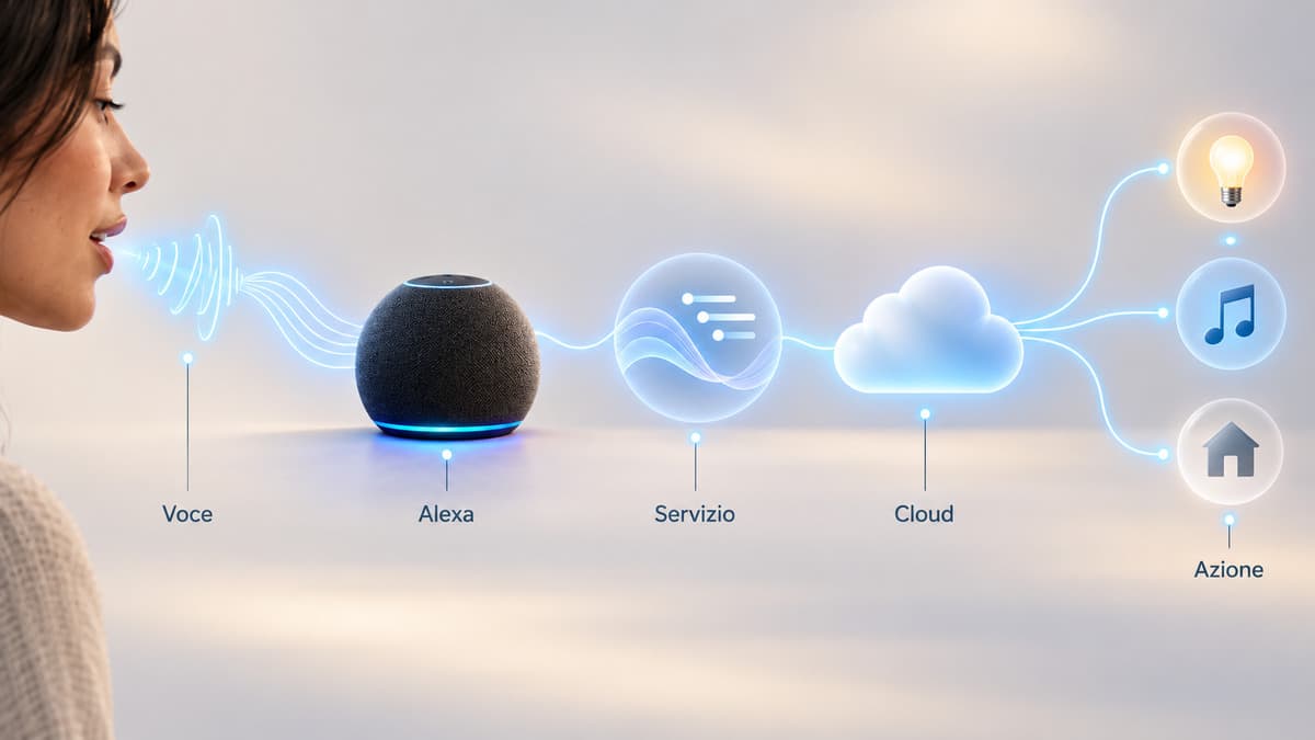 Alexa: cos’è, come funziona, cosa può fare e come configurarla 1 Schema del funzionamento di Alexa dalla richiesta vocale al cloud fino alla risposta o al controllo di un dispositivo