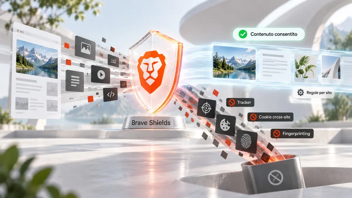 Brave Browser: cos’è, come funziona, privacy, pro e contro e alternative 1 Schema del funzionamento di Brave Shields che filtra tracker, cookie cross-site e fingerprinting durante il caricamento di una pagina