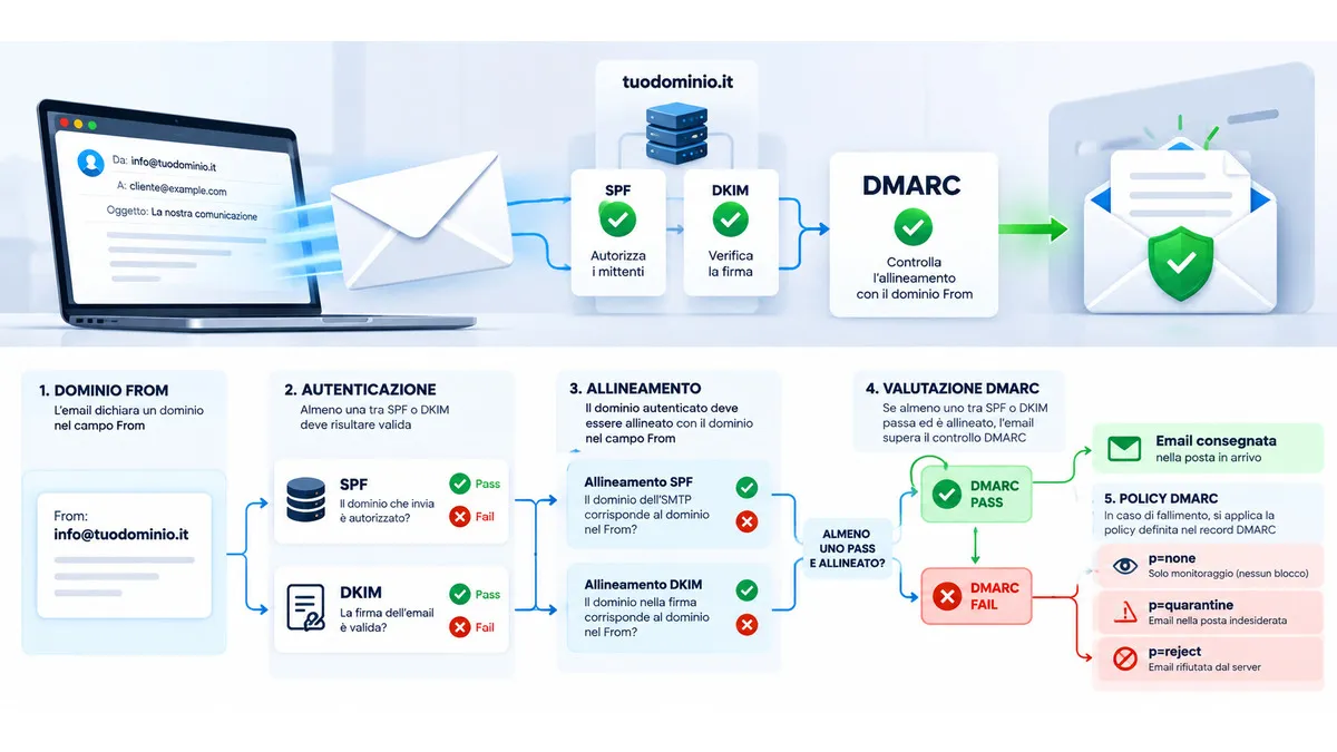 DMARC: cos’è, come funziona e come configurarlo senza bloccare email legittime 1 Diagramma del funzionamento DMARC con SPF, DKIM, allineamento e policy